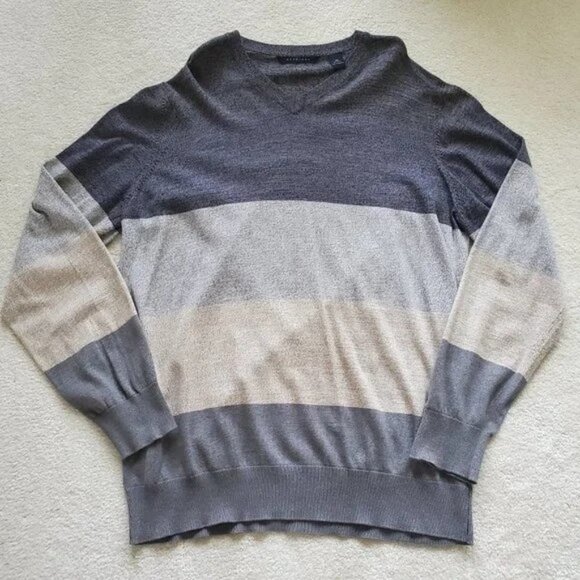 Sean John Gray Cream Block V-Neck Striped Long Sleeve Sweater SZ 3XL - Picture 1 of 8